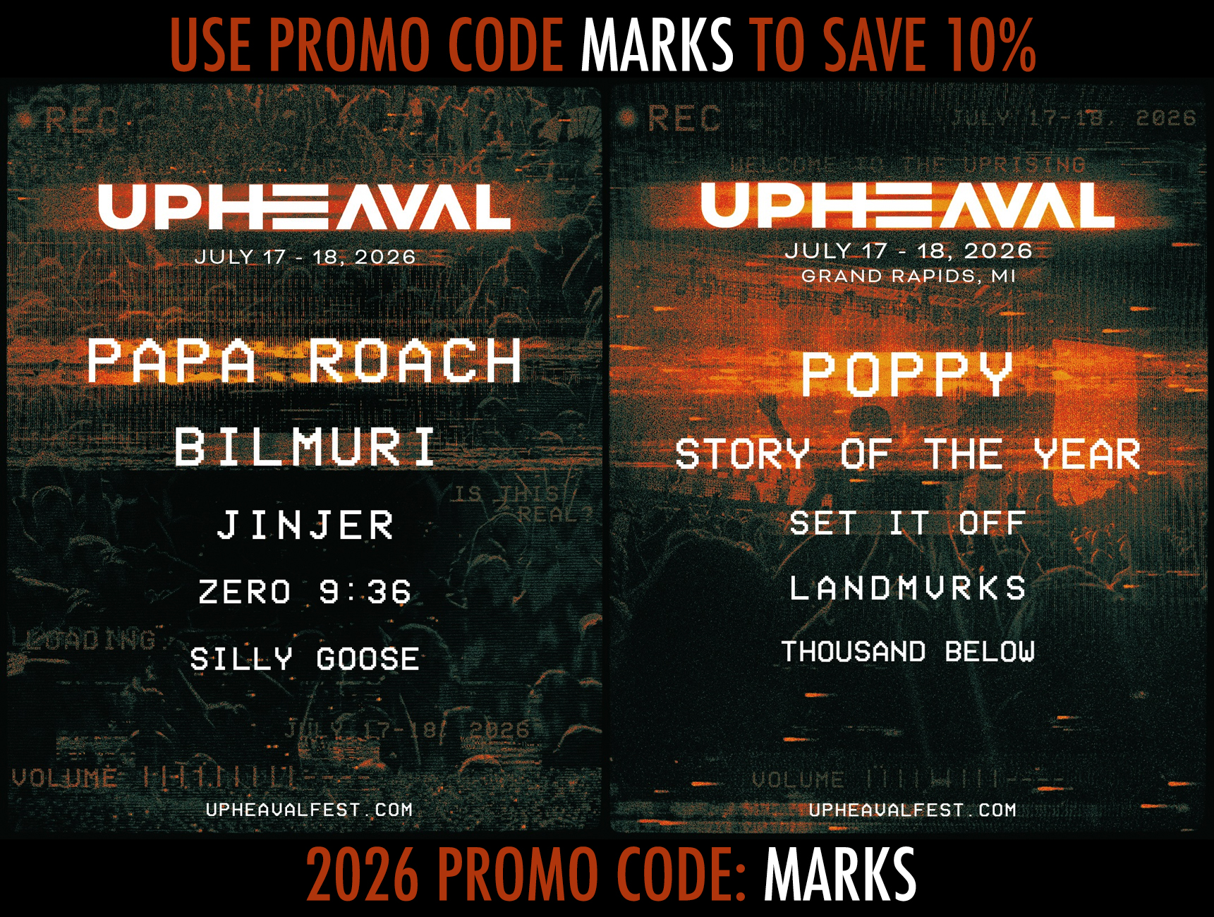 Use promo code MARKS to save 10% on tickets on Upheaval Tickets.