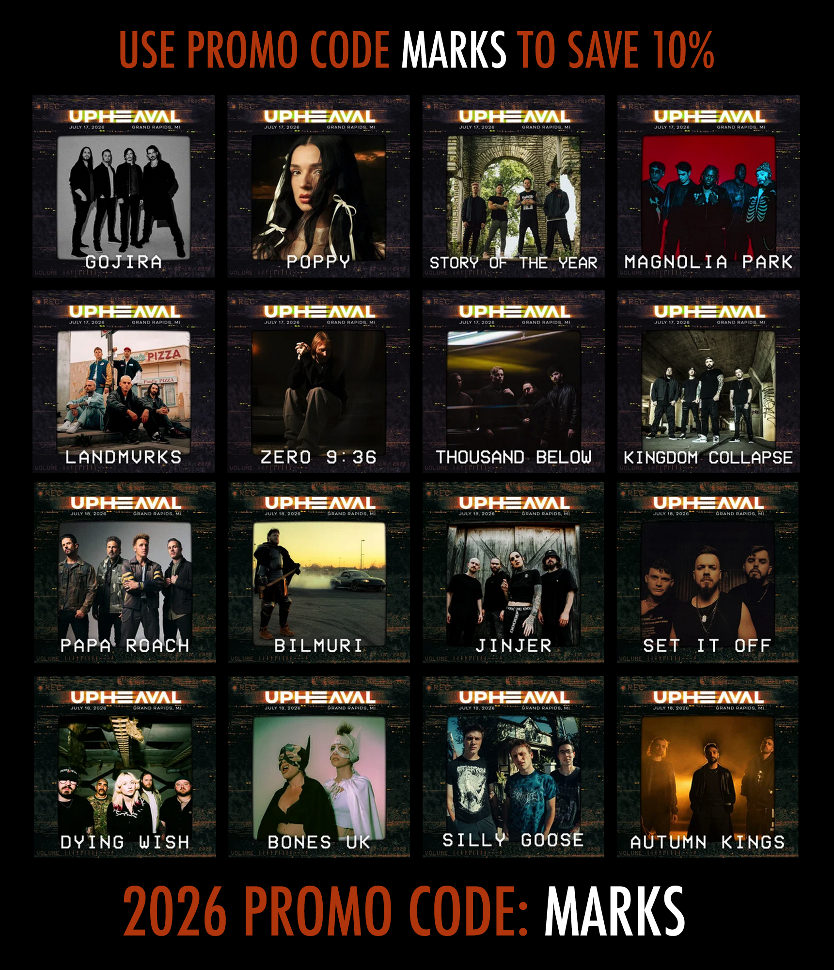 Use promo code MARKS to save 10% on tickets on Upheaval Tickets.